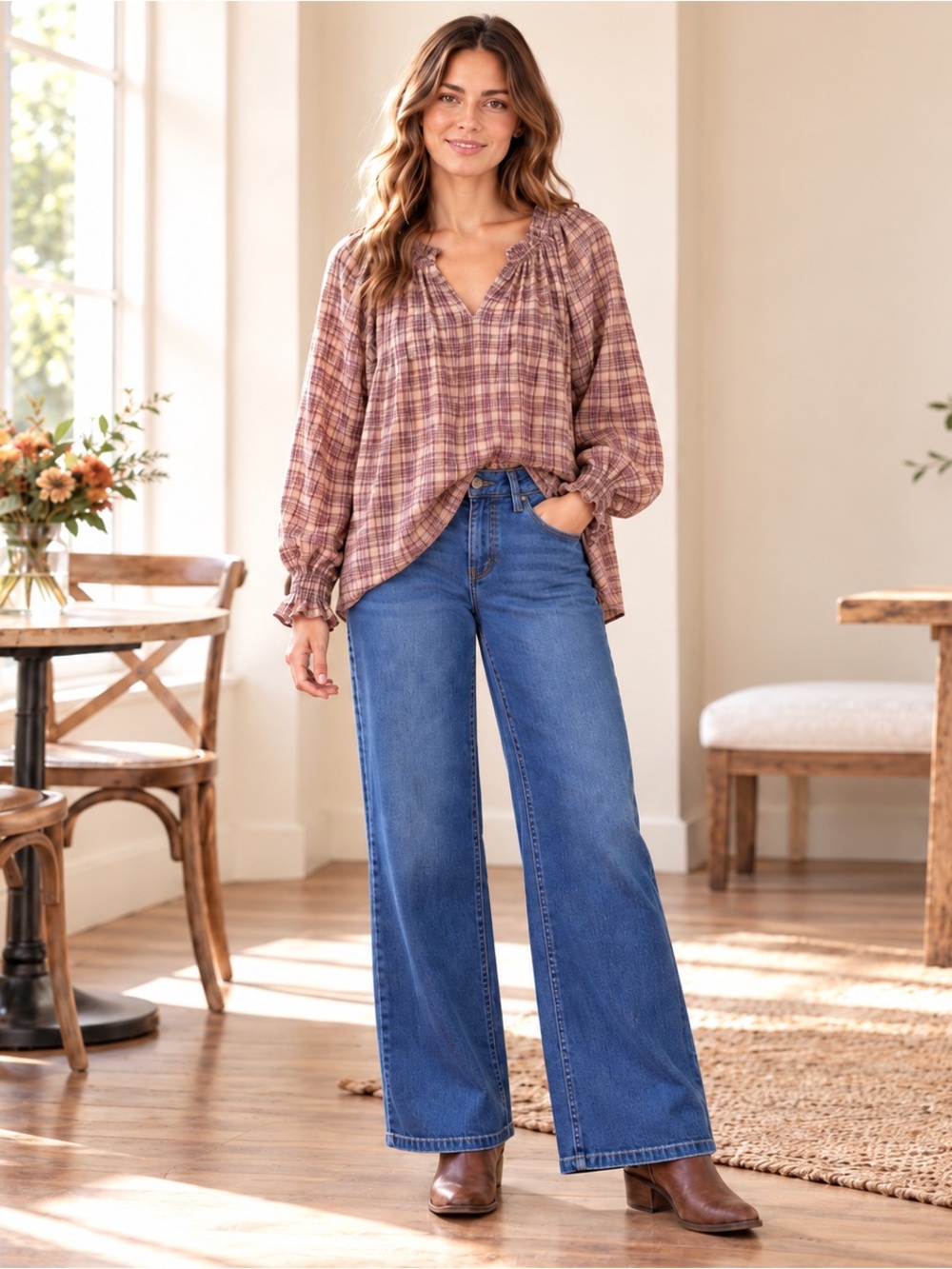 Chaps Plaid Peasant Blouse in Mauve and Tan